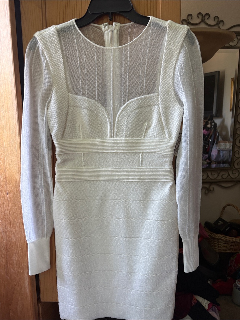 Sexy Herve Leger White Long-Sleeve Sheer Yoke Bandage Dress size S